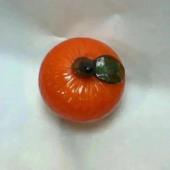 Vintage Orange Citrus Blown Glass Fruit Paper Weight Kitchen Decor Green Stem - Picture 3 of 5